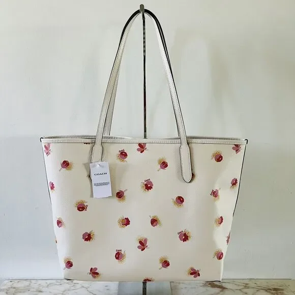 COACH Chalk Multi Poppy Floral City Tote Bag - Picture 6 of 11